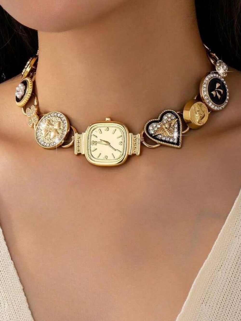 Gold Watch Charm Necklace Crystal Heart Y2K Luxe Statement Choker - Picture 2 of 2